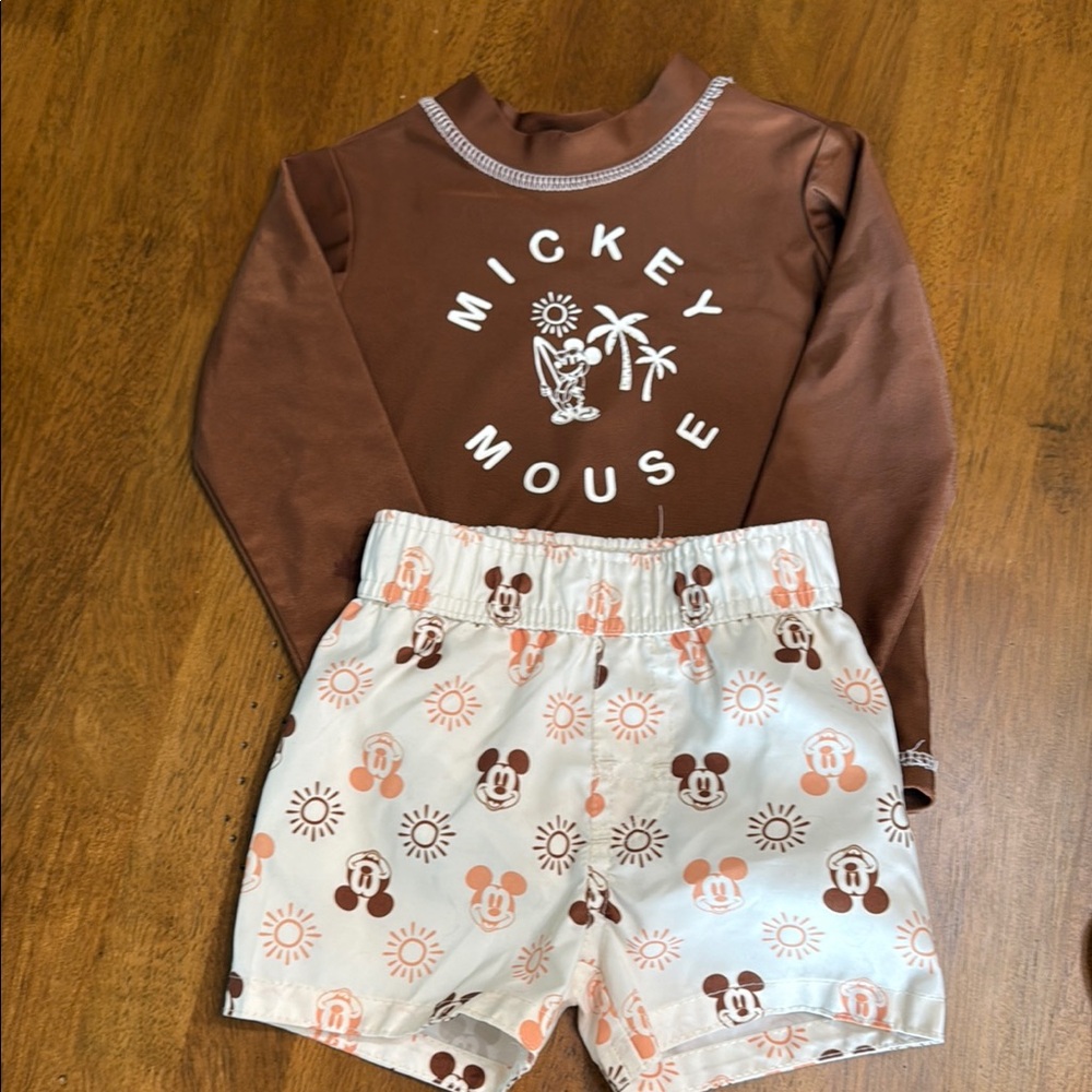 Mickey Mouse Brown Rash Guard Swim Set